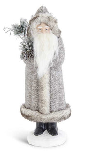 Decorative figure of a winter-themed character with a long white beard, gray fur coat, and black boots on a white background.