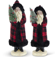 Two decorative figures of Santa Claus in plaid coats holding Christmas trees on a white background.