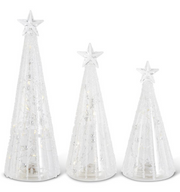 Three white Christmas trees with star decorations on a white background
