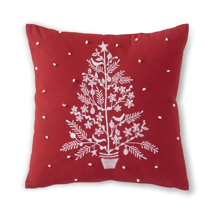 Square Red Pillow w/White Embroidered Christmas Tree