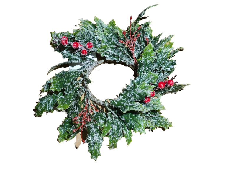 Christmas wreath with green leaves and red berries on a black background