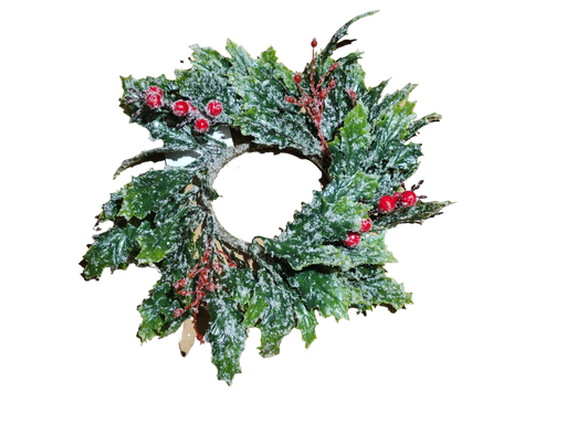 Christmas wreath with green leaves and red berries on a black background