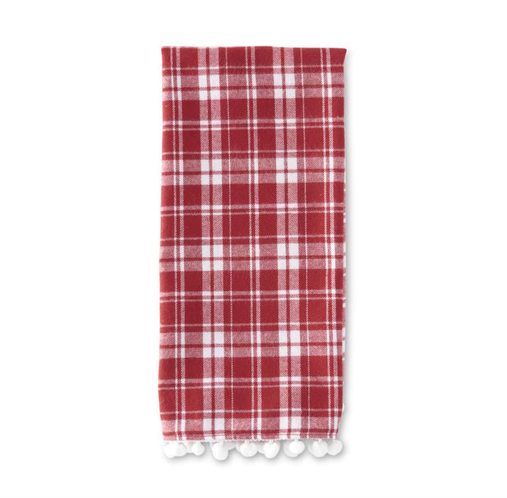 Red & White Plaid Flannel Runner w/Pom Pom - 28"