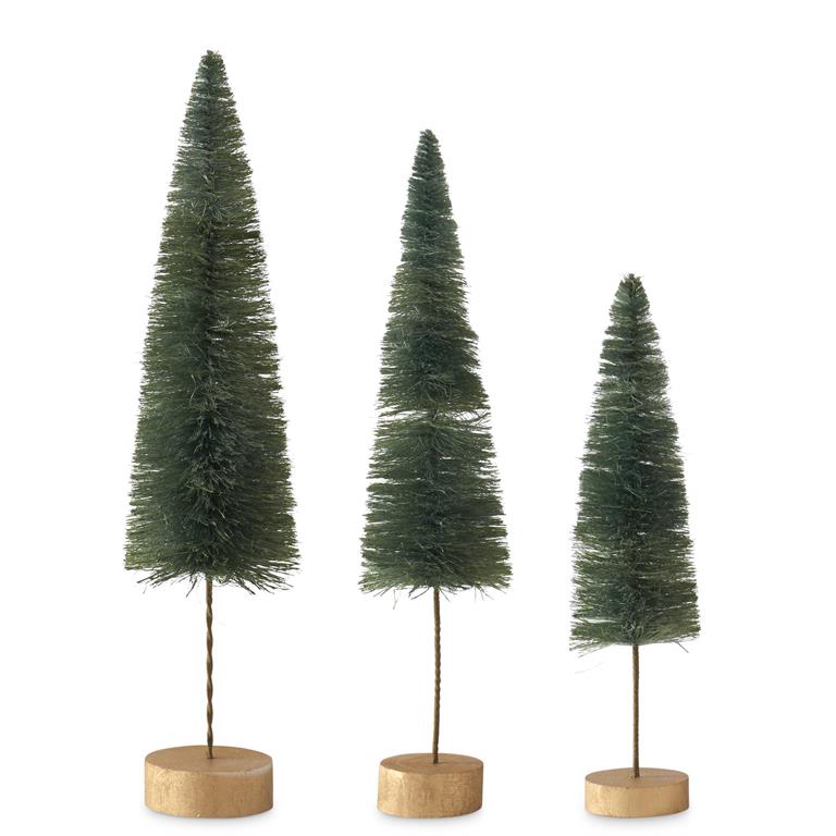 Green Bottle Brush Trees with Metal Spindle - Set of 3 - 2 Colors