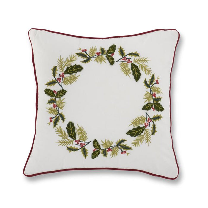 Square Embroidered Holly Wreath White Christmas Pillow