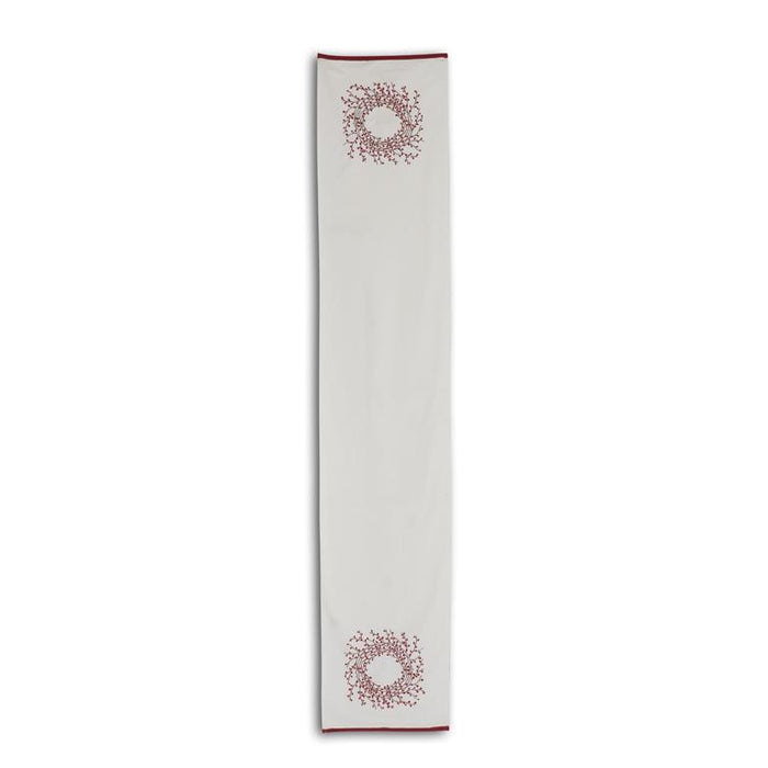 Embroidered Red Berry Wreath White Cotton Table Runner - 72"