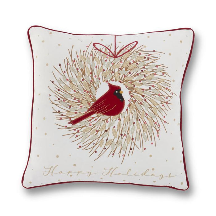 Square Cardinal Wreath Pillow w/Sequins