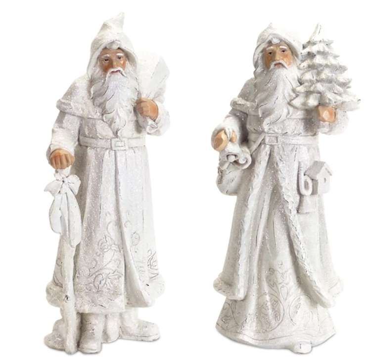 Two decorative figures of a bearded man in white robes on a white background