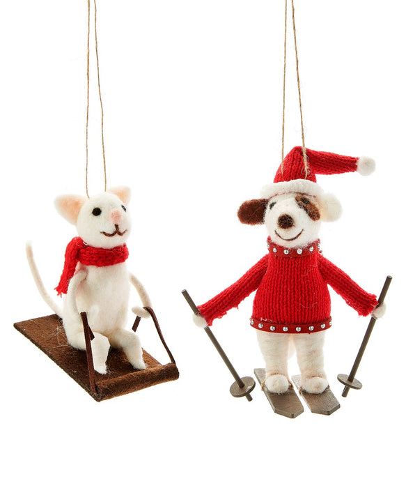 Wool Cat, Dog Skiing Ornament - 2 Styles