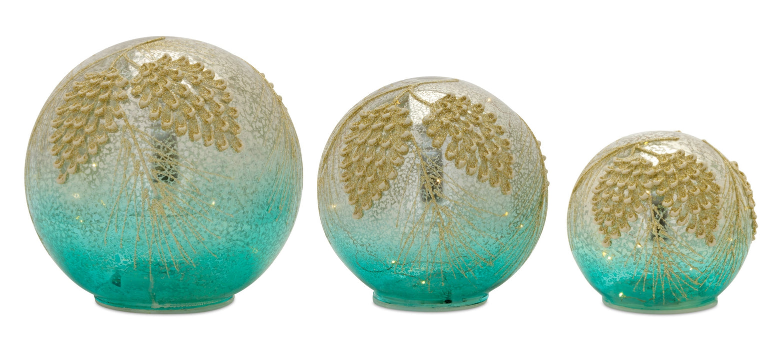Green and Blue Pinecone Detail Orb Light Ups - Set of 3