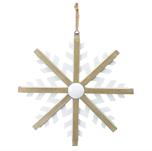 Decorative snowflake ornament with wooden arms and a white center on a white background