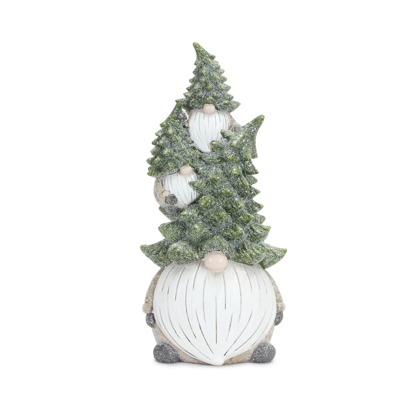 A resin figurine of three gnomes stacked in a pyramid shape with green and grey colors, and a Christmas tree on the top gnome's hat.