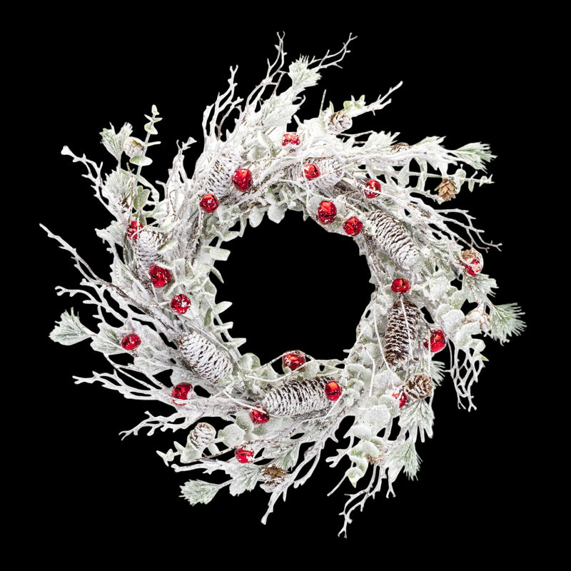 Snow Pine Wreath with Sleigh Bells - 24"