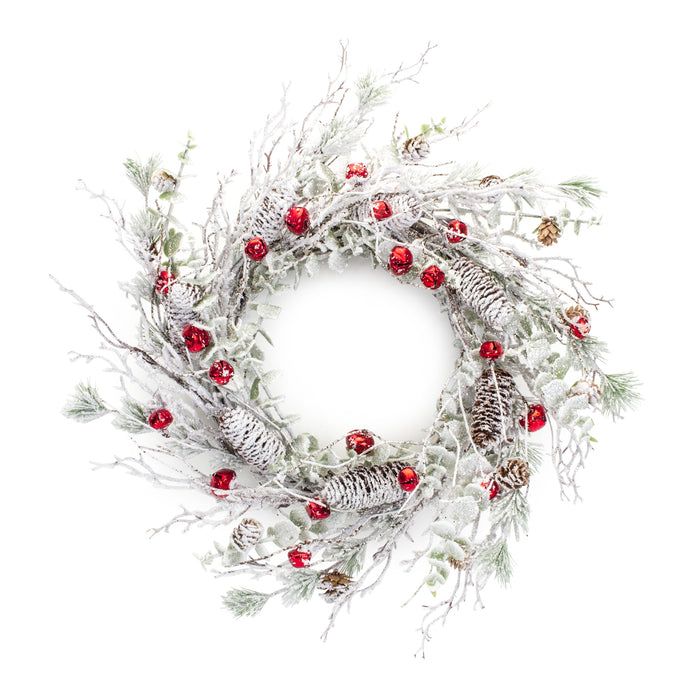 Snow Pine Wreath with Sleigh Bells - 24"