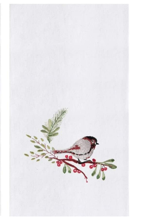 Decorative towel with a bird and branch design on a white background