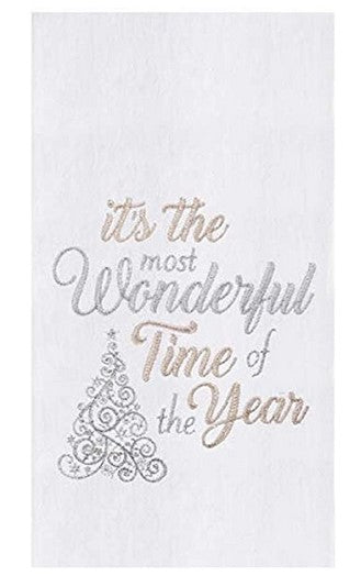 White towel with gold text and Christmas tree design on a white background