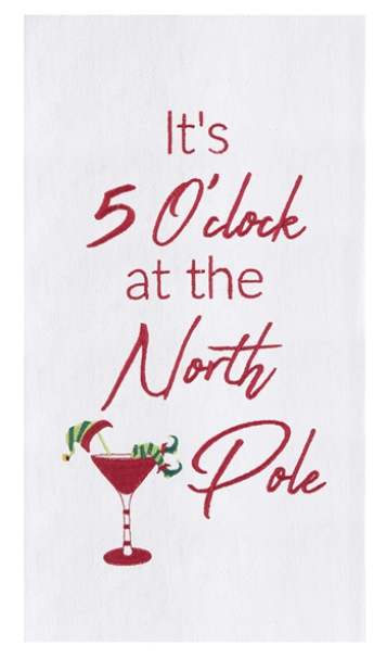 Text 'It's 5 O'clock at the North Pole' with a cocktail graphic on a white background