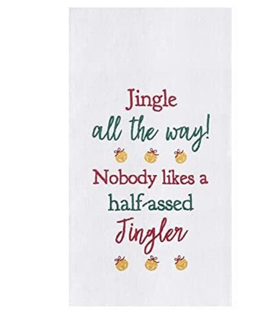 A white kitchen towel with text and Christmas-themed images, including reindeer, embroidered in red, green, and gold colors.