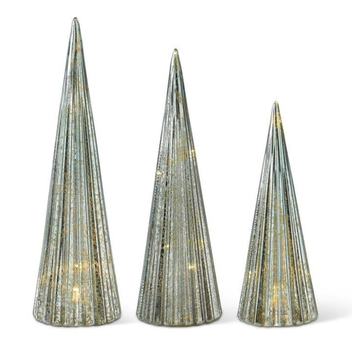 SAGE GREEN RIBBED GLASS LED CHRISTMAS TREES WITH TIMERS - Set of 3