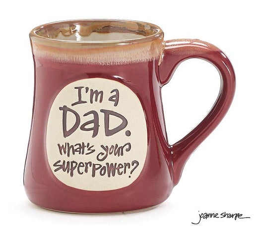 Red mug with a white label reading 'I'm a Dad. What's your superpower?' on a white background.