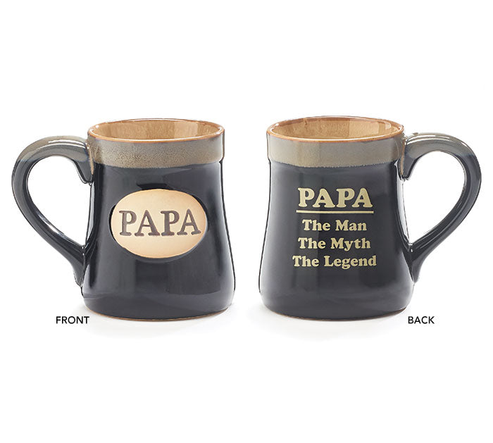 Two black ceramic mugs with a cream rim and interior, one with 'PAPA' text on the front and the other with the phrase 'PAPA THE MAN THE MYTH THE LEGEND' on the reverse.