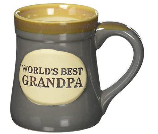 Gray mug with 'World's Best Grandpa' text on a white background