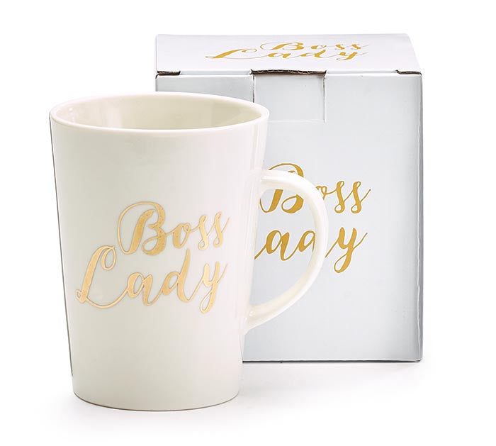 White mug with 'Boss Lady' text in gold, next to a matching gift box on a white background