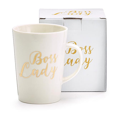 White mug with 'Boss Lady' text in gold, next to a matching gift box on a white background