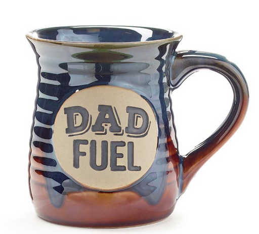Ceramic mug with 'Dad Fuel' label on a white background