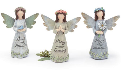 Three angel figurines with inspirational messages on a white background