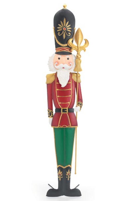 Decorative nutcracker figure with red uniform, green pants, and black hat on a white background