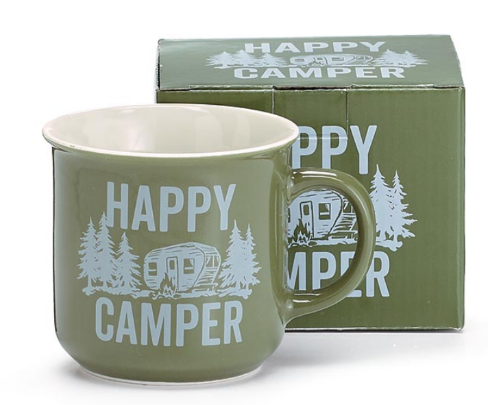 Green mug with 'Happy Camper' design next to a matching box on a white background