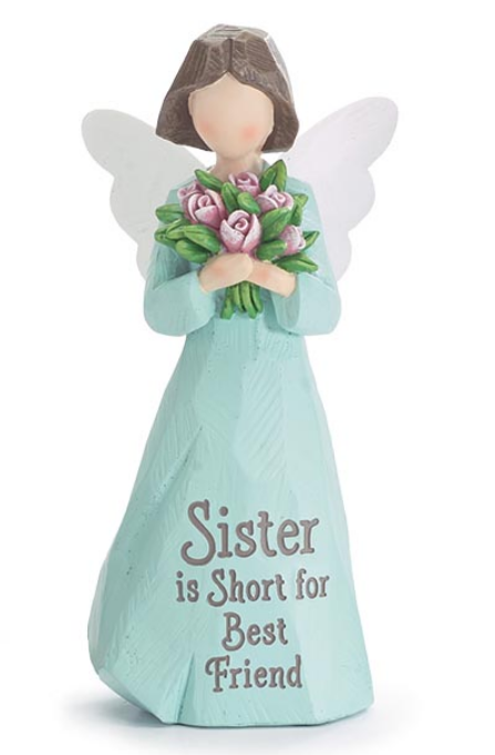 Wooden angel figurine holding flowers with 'Sister is Short for Best Friend' text on a white background
