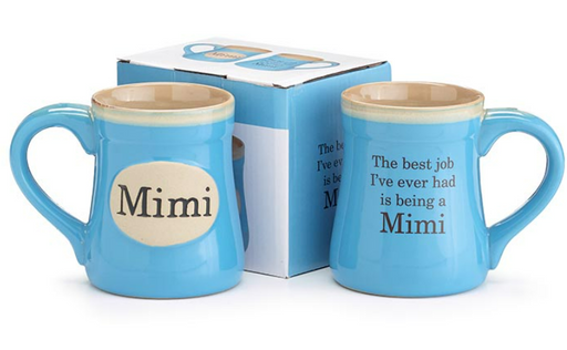 Two blue mugs with 'Mimi' and a quote on a white background