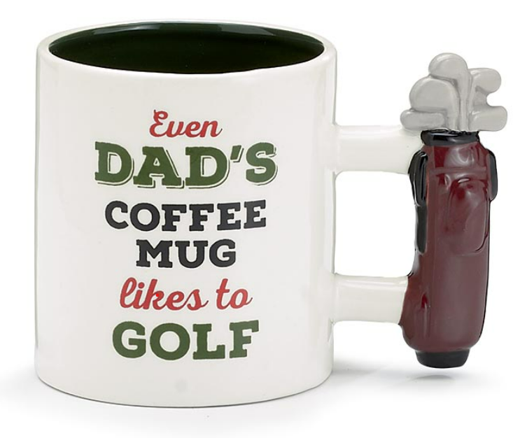 White mug with golf club handle and humorous text on a white background