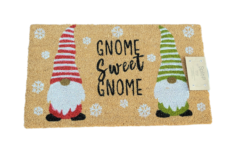 Doormat with gnomes and 'Gnome Sweet Gnome' text on a beige background with snowflakes.