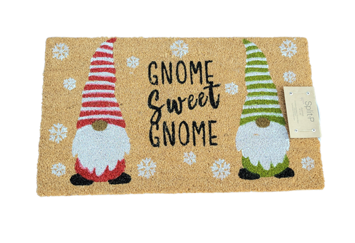 Doormat with gnomes and 'Gnome Sweet Gnome' text on a beige background with snowflakes.