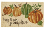 Doormat with pumpkins and the text 'Hey there pumpkin' on a beige background