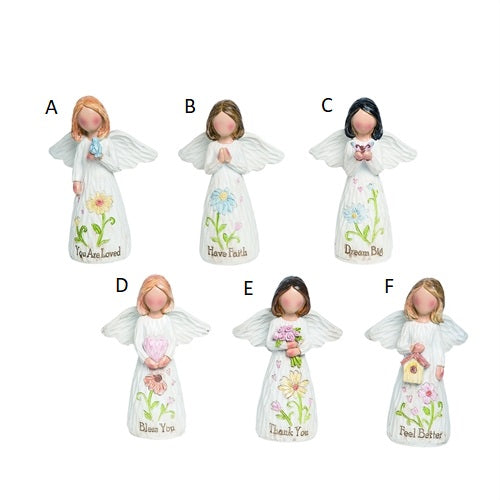 Set of six angel figurines with different messages on a white background