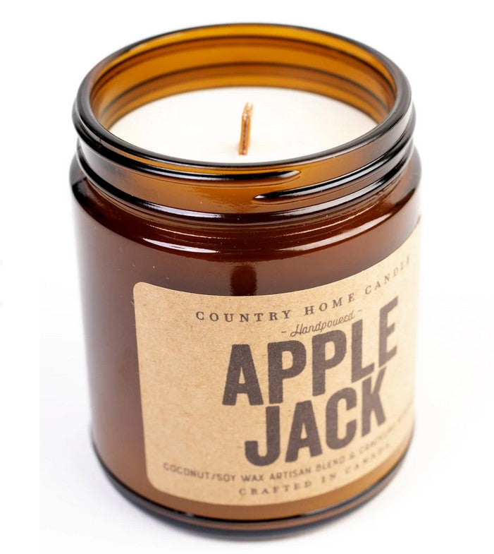 A jar candle with a red apple design label, titled 'Apple Jack - Country Home Candle'.