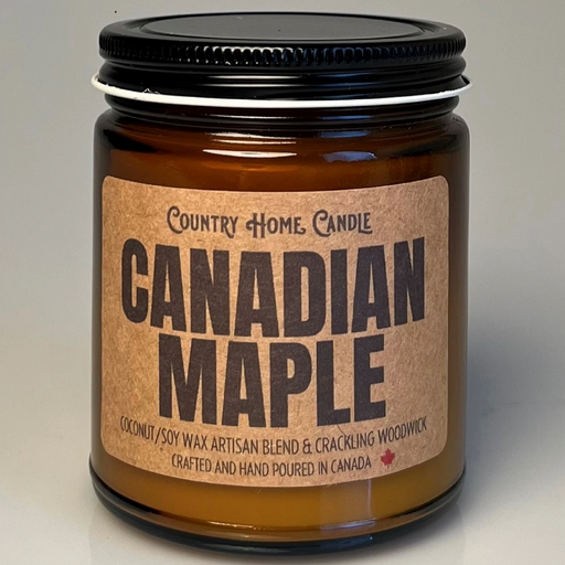 Jar of 'Canadian Maple' candle with a brown label on a gray background