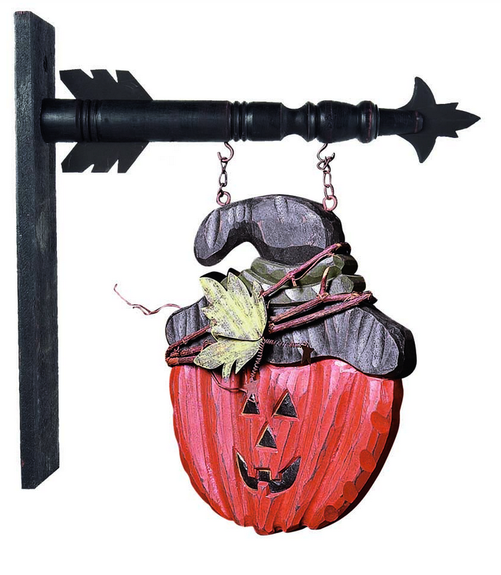 Halloween decorative sign with a pumpkin and witch hat on a white background