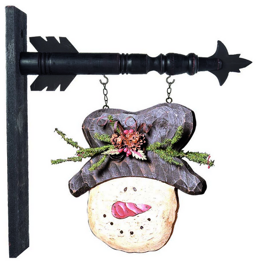 Decorative snowman ornament with a black metal stand on a white background