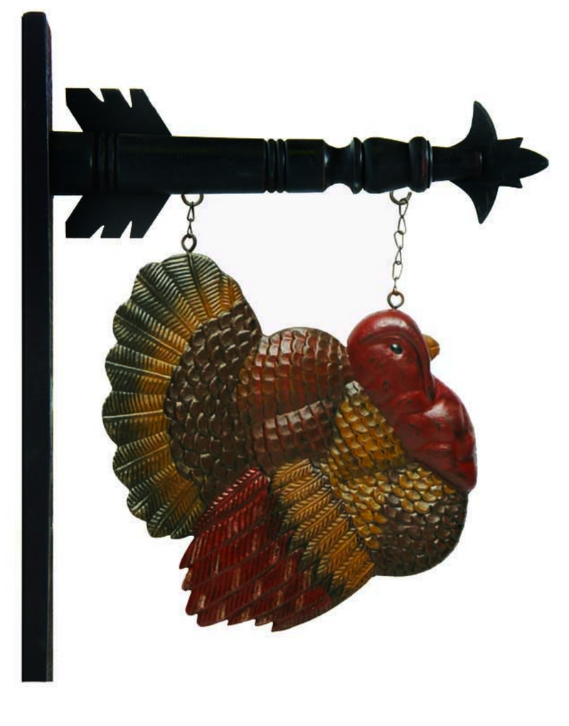Decorative metal turkey and rooster hanging sign on a white background