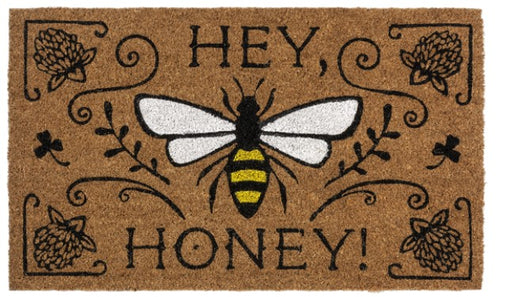 Doormat with bee design and text 'HEY, HONEY!' on a brown background