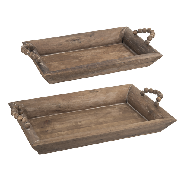 Wooden Trays with Beaded Handles - 2 Sizes