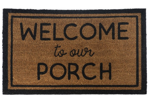 Doormat with 'Welcome to our Porch' text on a white background