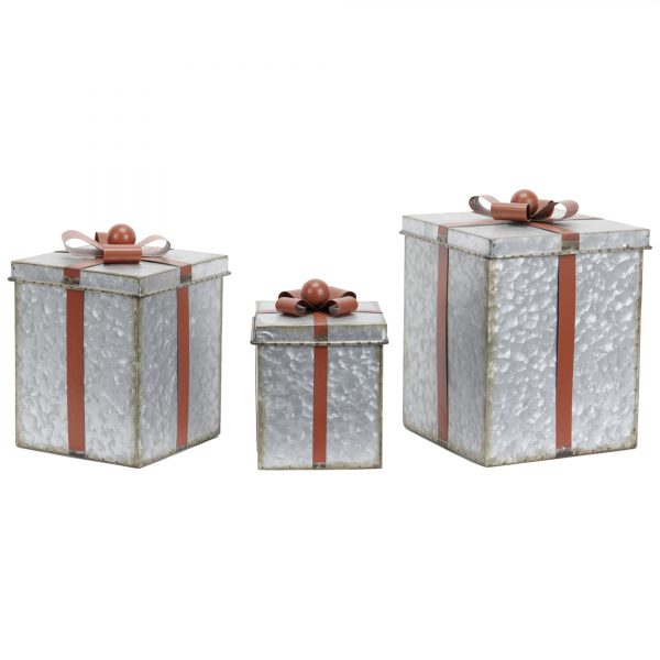 Gift Boxes w/Bow Galvanized - Set of 3
