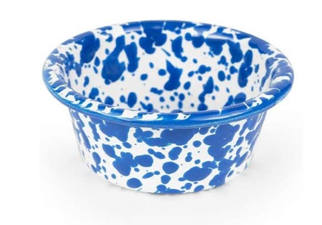 A blue and white marbled enamelware ramekin on a white background.