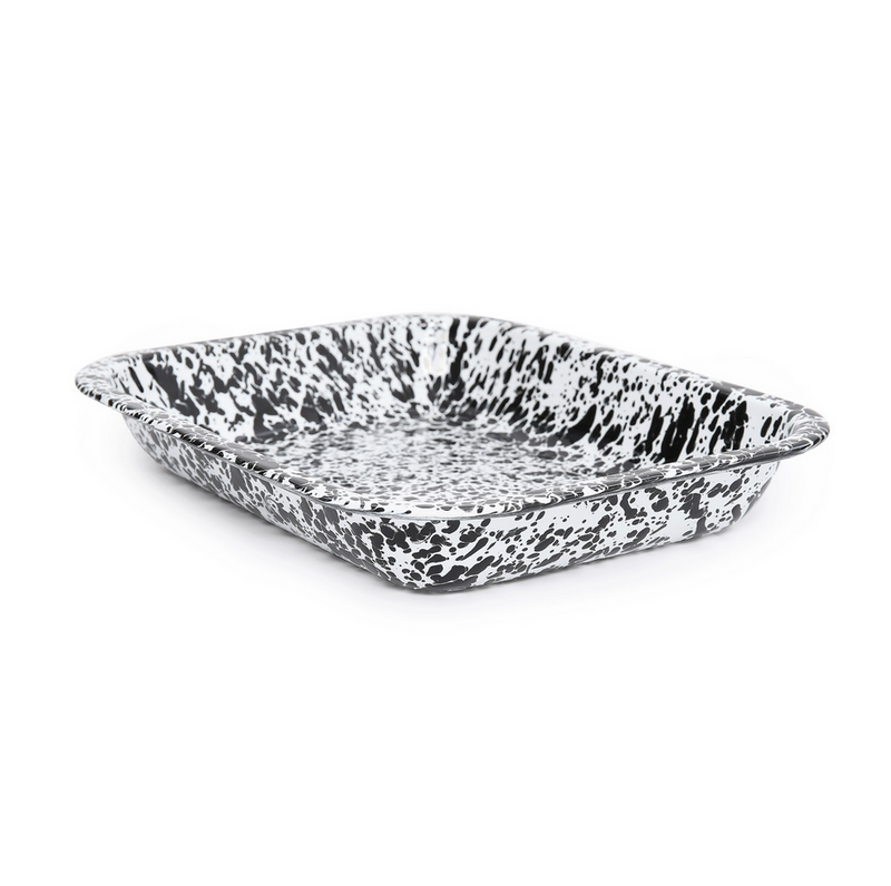 A small black and white splatter pattern roasting pan.